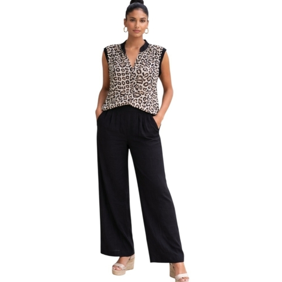 Calvin Klein Tops - Calvin Klein Black and Brown Mandarin Collar Blouse.     Size L.